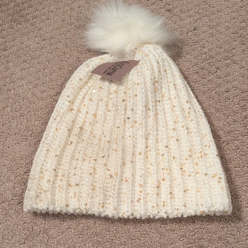 Chic Kids Sequin White And Gold Beanie with Pom Pom NWT